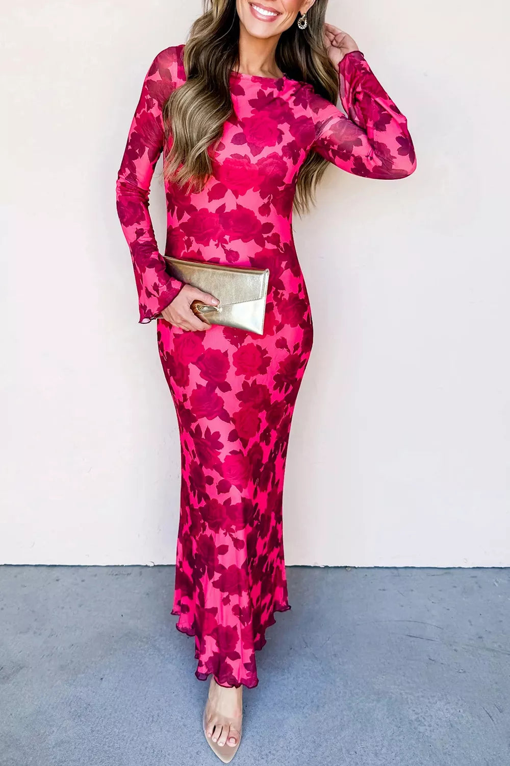Floral Print Cuff Hem Serging Long Sleeve Sheath Dress