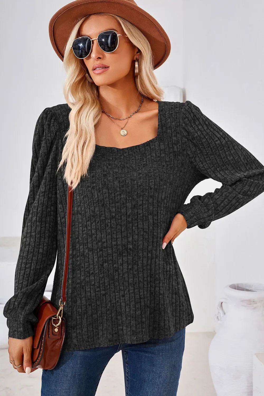 Ribbed Square Neck Long Sleeve T-Shirt