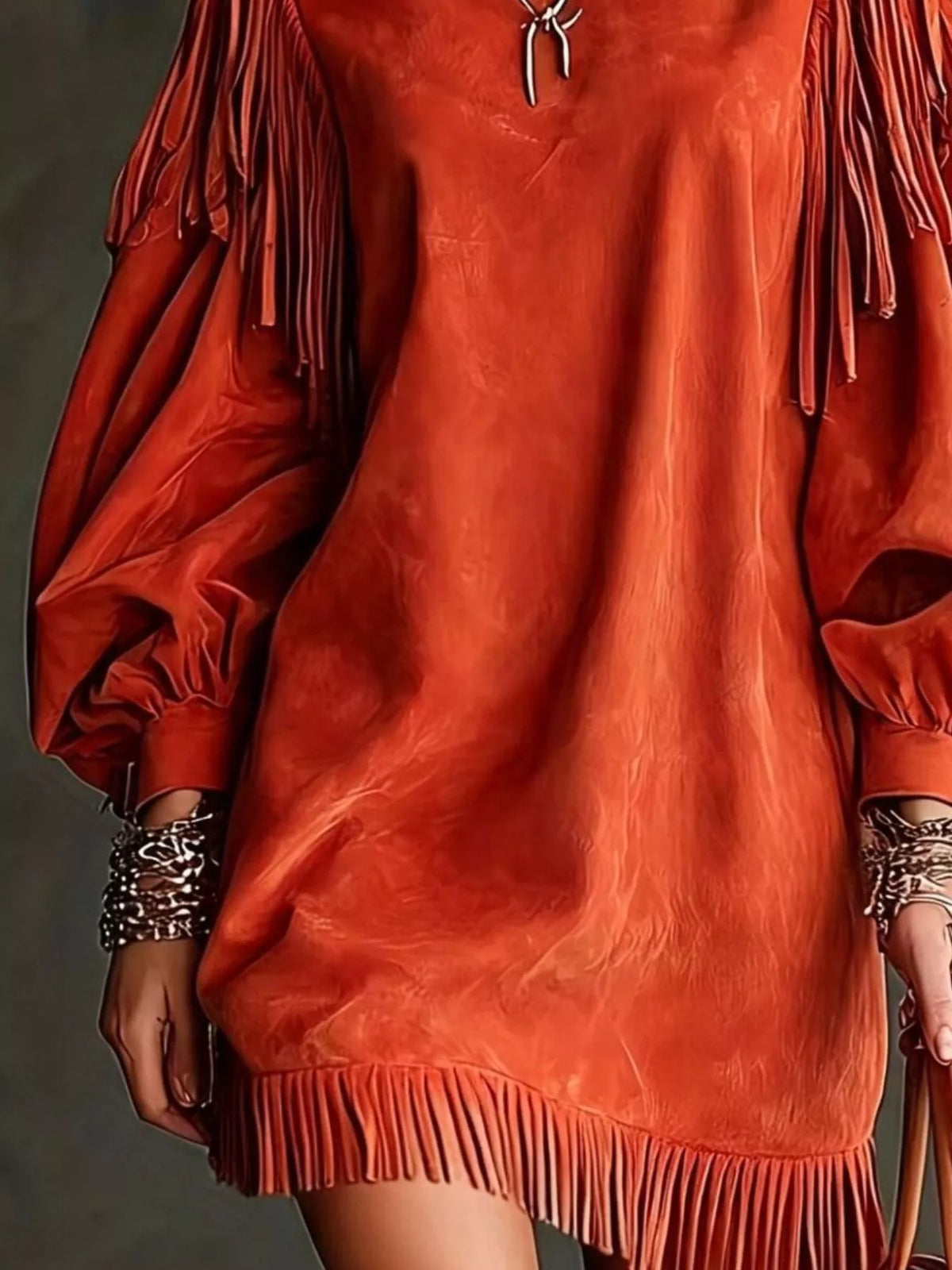 Fringe Detail Lantern Sleeve Mini Dress