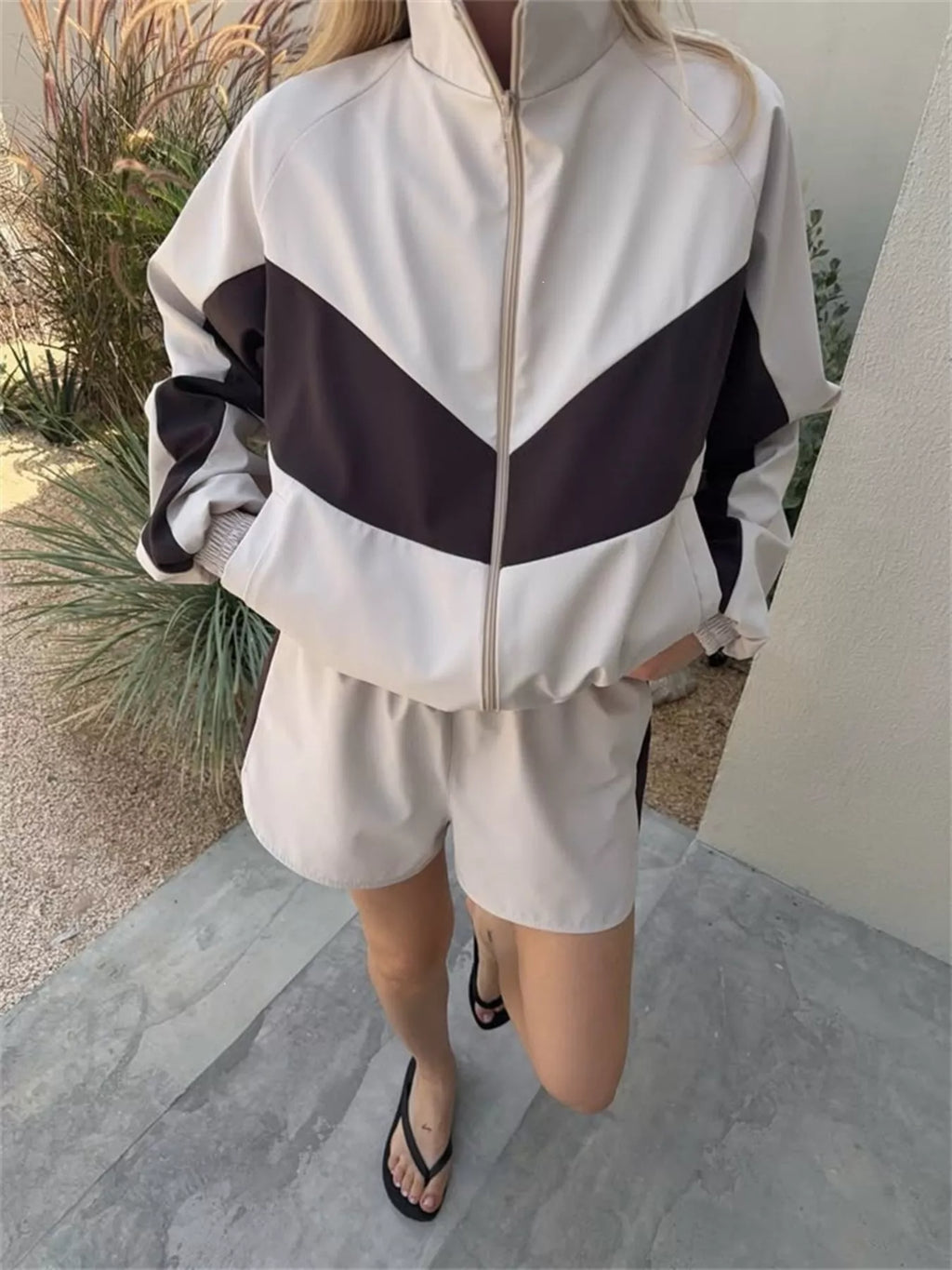 Color-Block Zip-Up Jacket and Shorts Set
