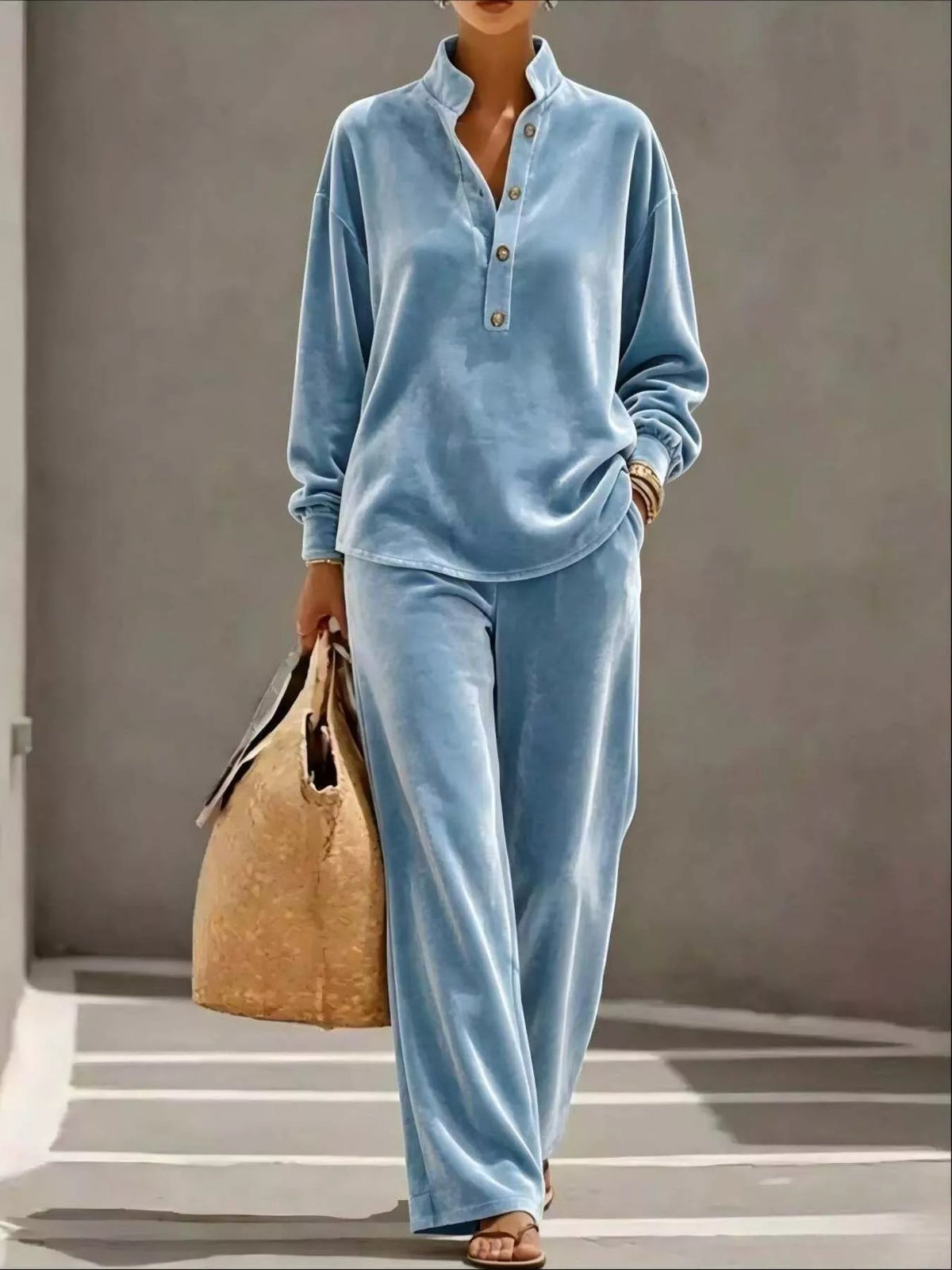Full Size Half Button Top and Wide Leg Pants Set Plus Size
