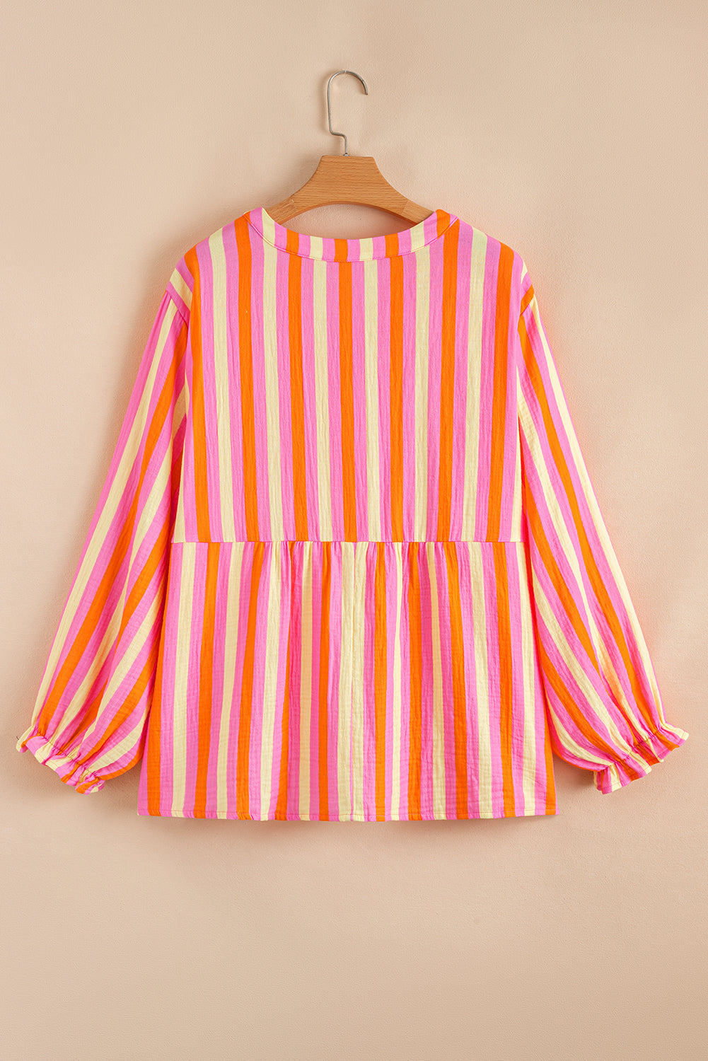 Plus Size Stripe Crinkled Half-Button V-Neck Blouse