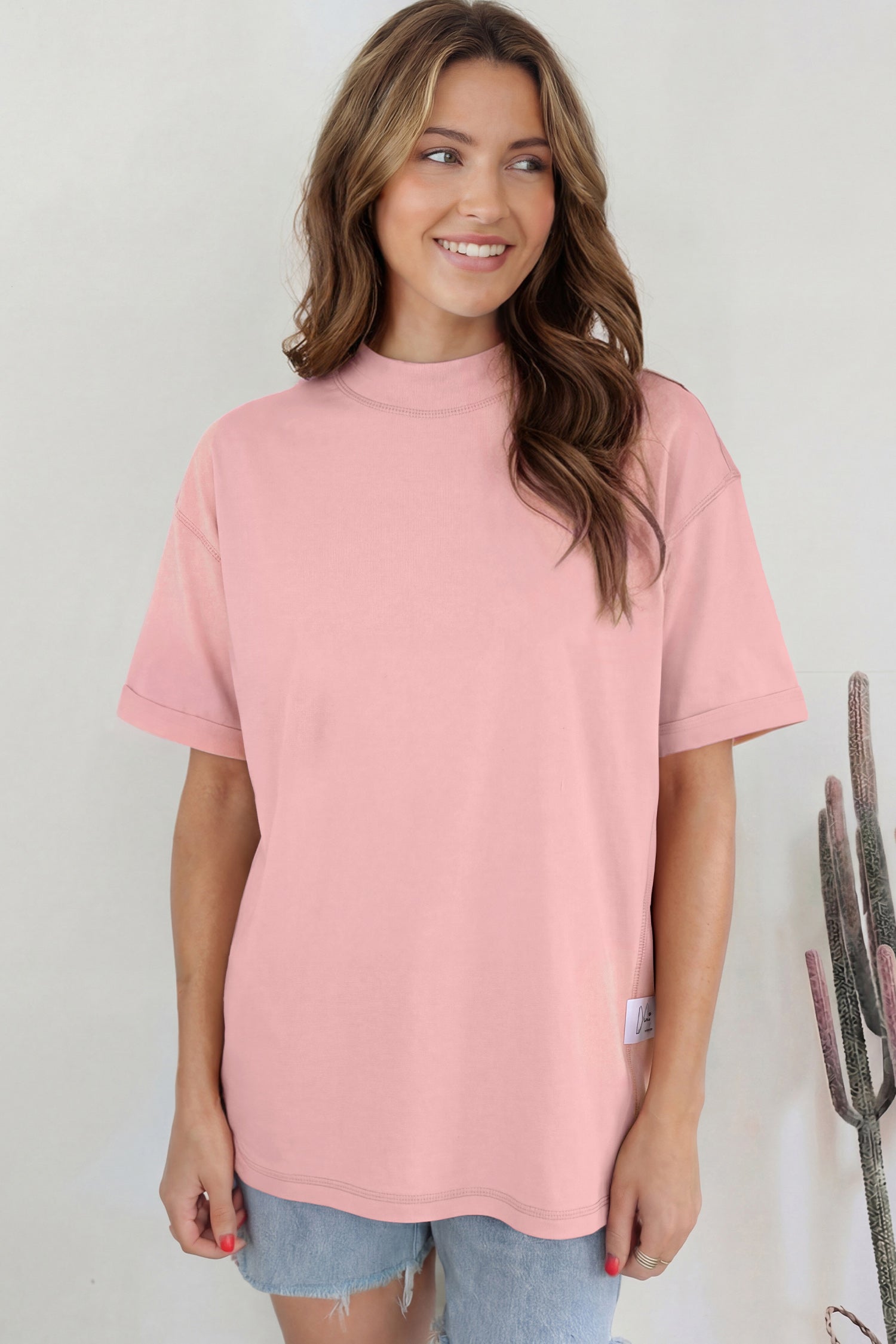 Pink Solid Color High Neck Oversize Tee