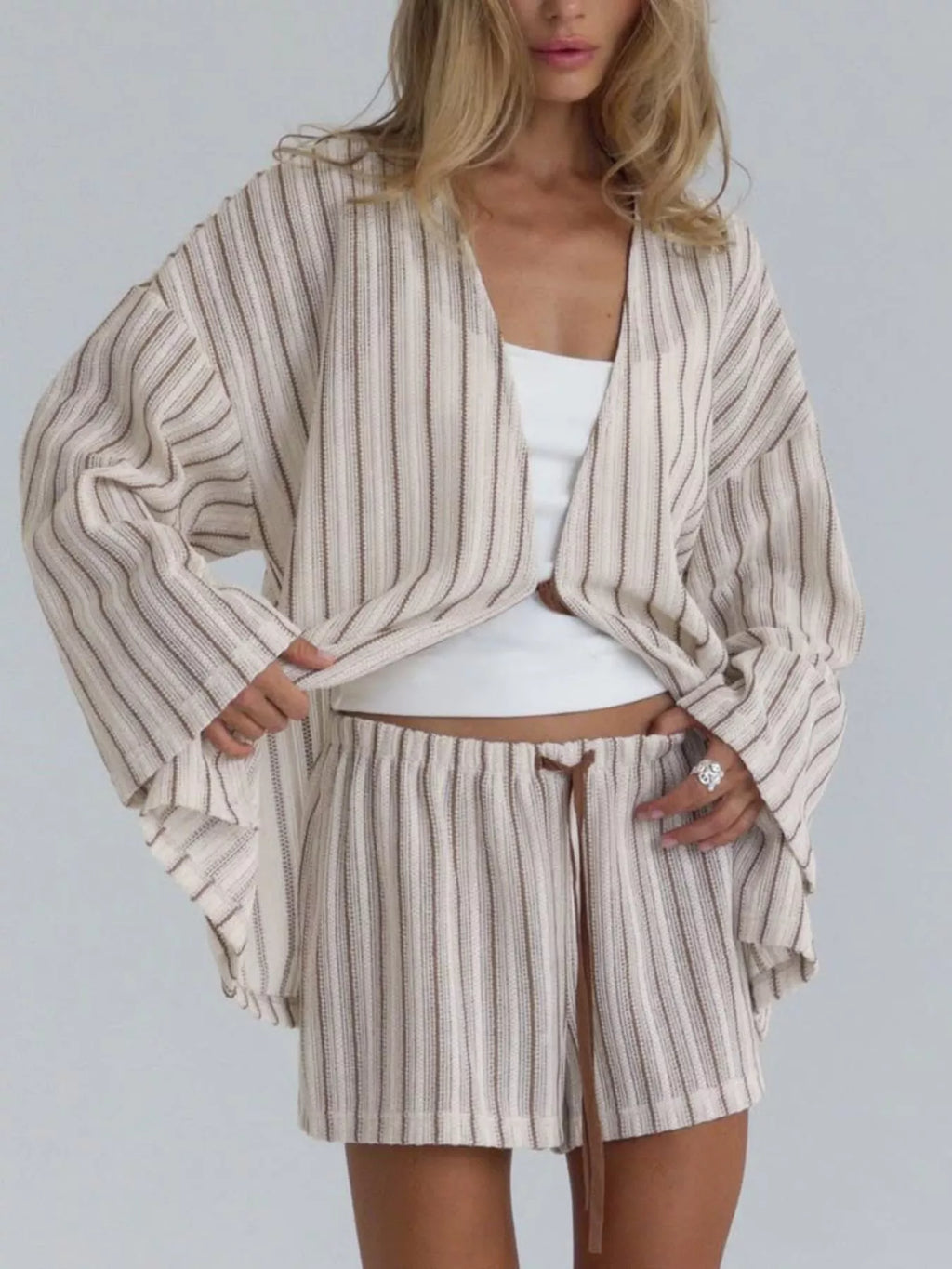 Striped Tie Front Top and Shorts Lounge Set