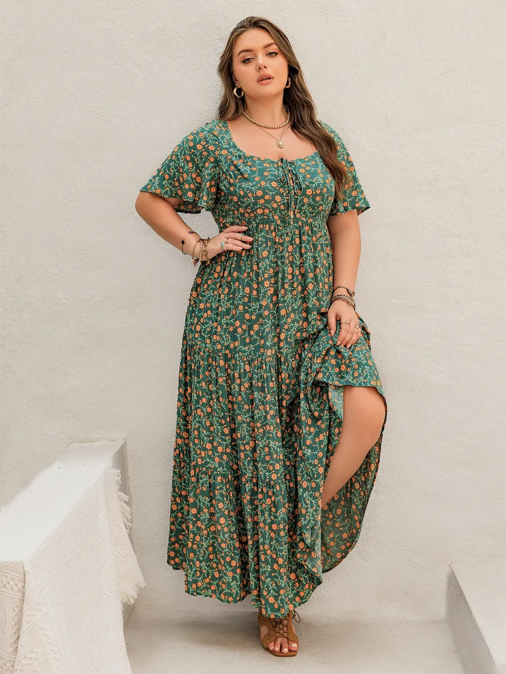 Printed Short Sleeve Tiered Maxi Dress