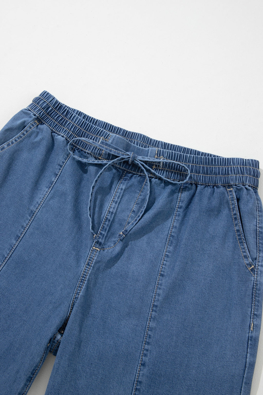 Solid Exposed Seam Drawstring Waist Wide Leg Jeans