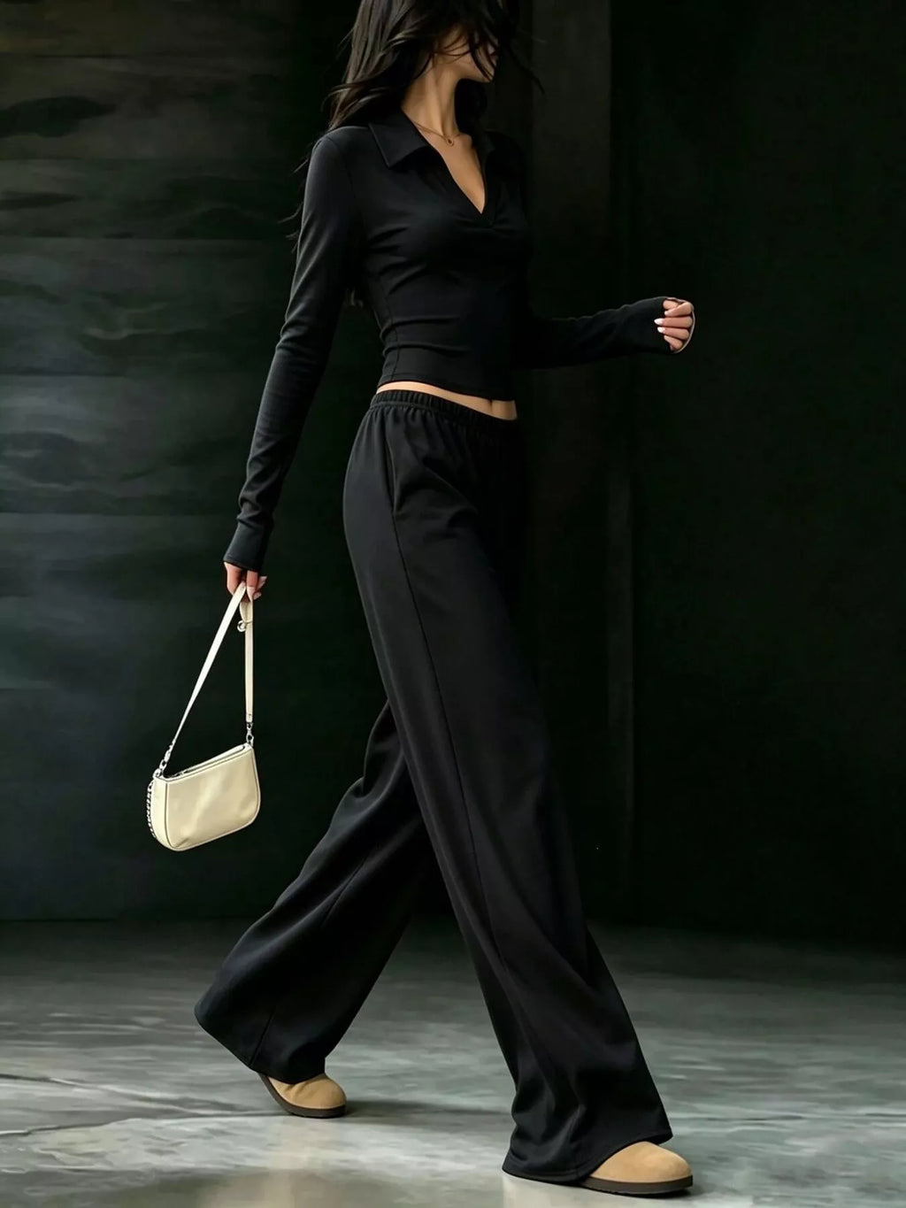 Long-Sleeve Polo Top and Wide-Leg Pants Set