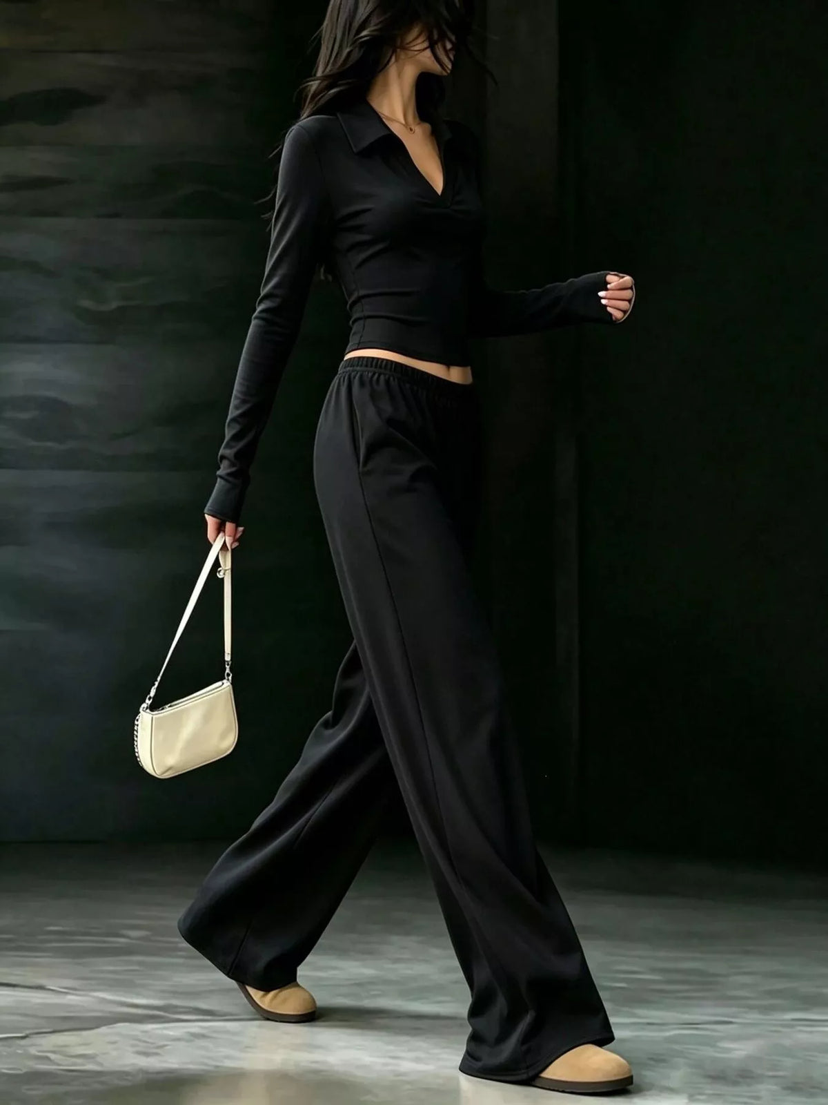 Long-Sleeve Polo Top and Wide-Leg Pants Set