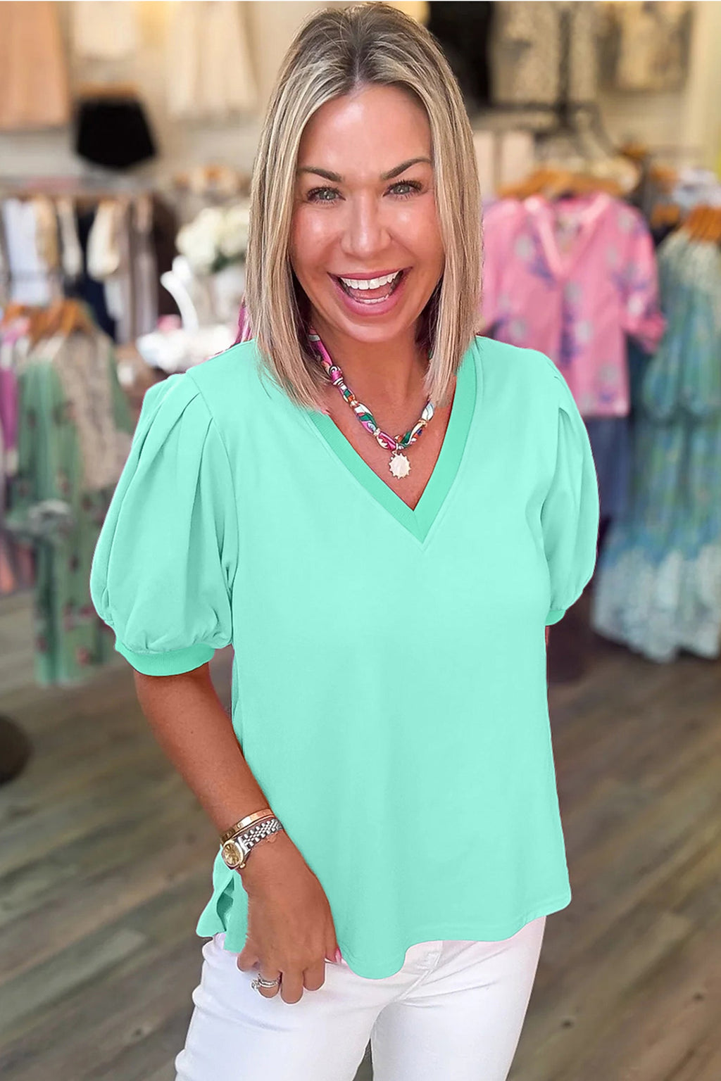 Mint Green Solid Color V Neck Short Puff Sleeve Blouse