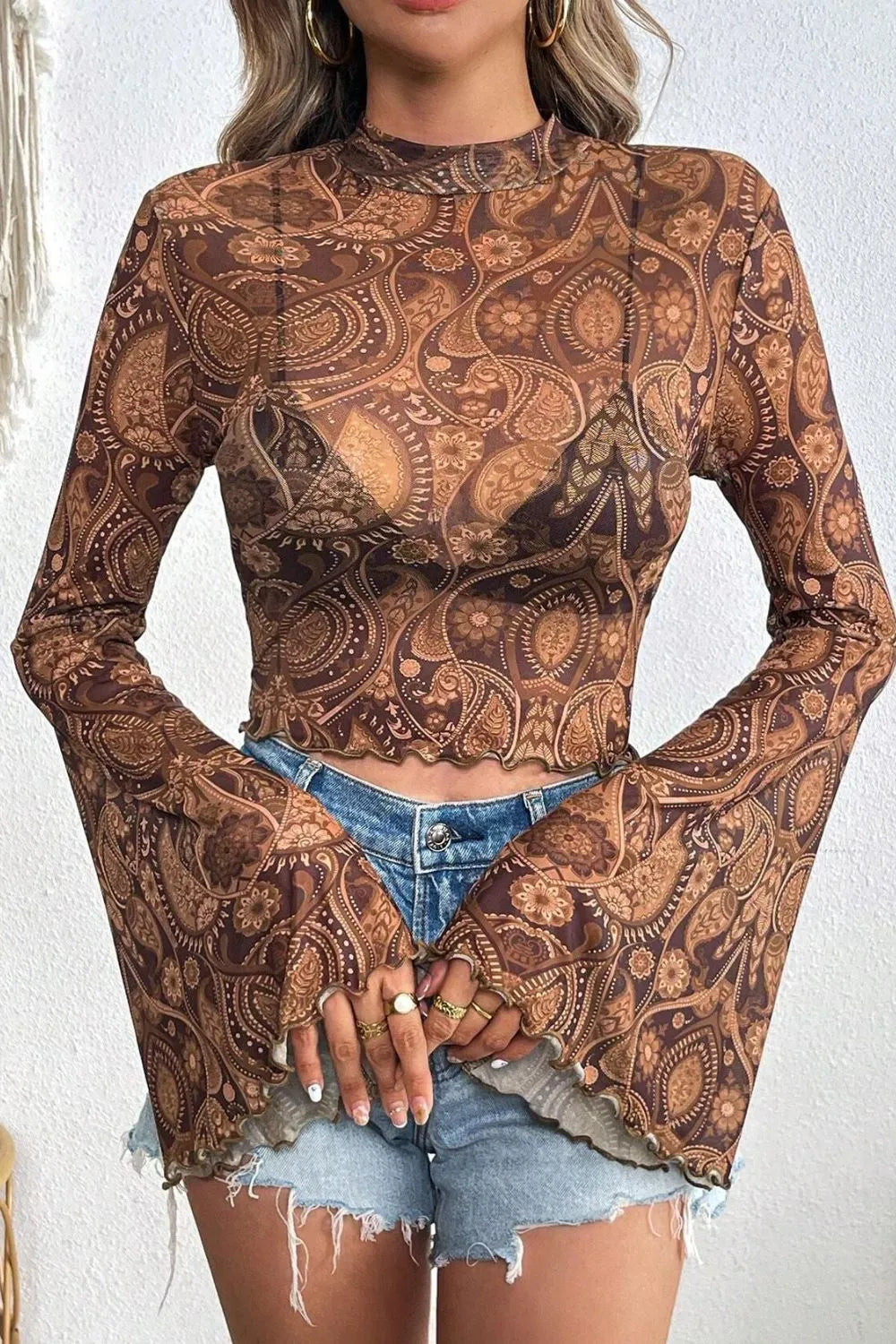 Printed Sheer Mock Neck Top with Flare Sleeves