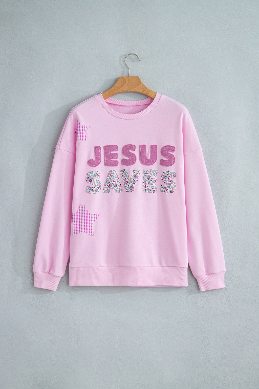 Pink Patchwork Stars Plaid Unique Floral Letters Baggy Sweatshirt