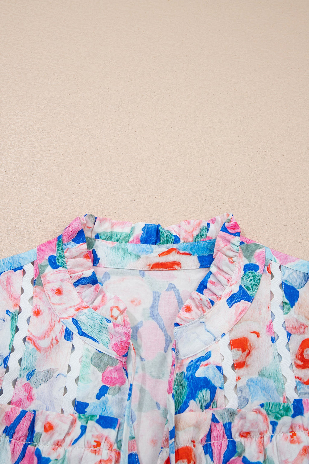 Pink Floral Print Tie V Neck Contrast Detail Ruffle Short Sleeve Blouse