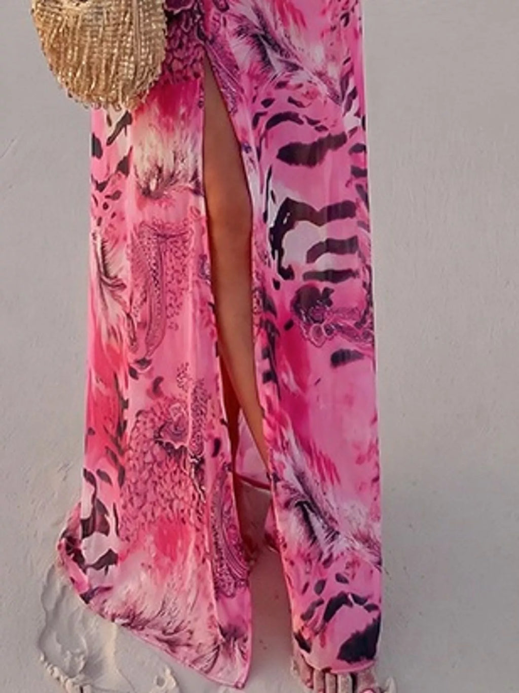 Deep V-Neck Long Sleeve Printed Maxi Dress