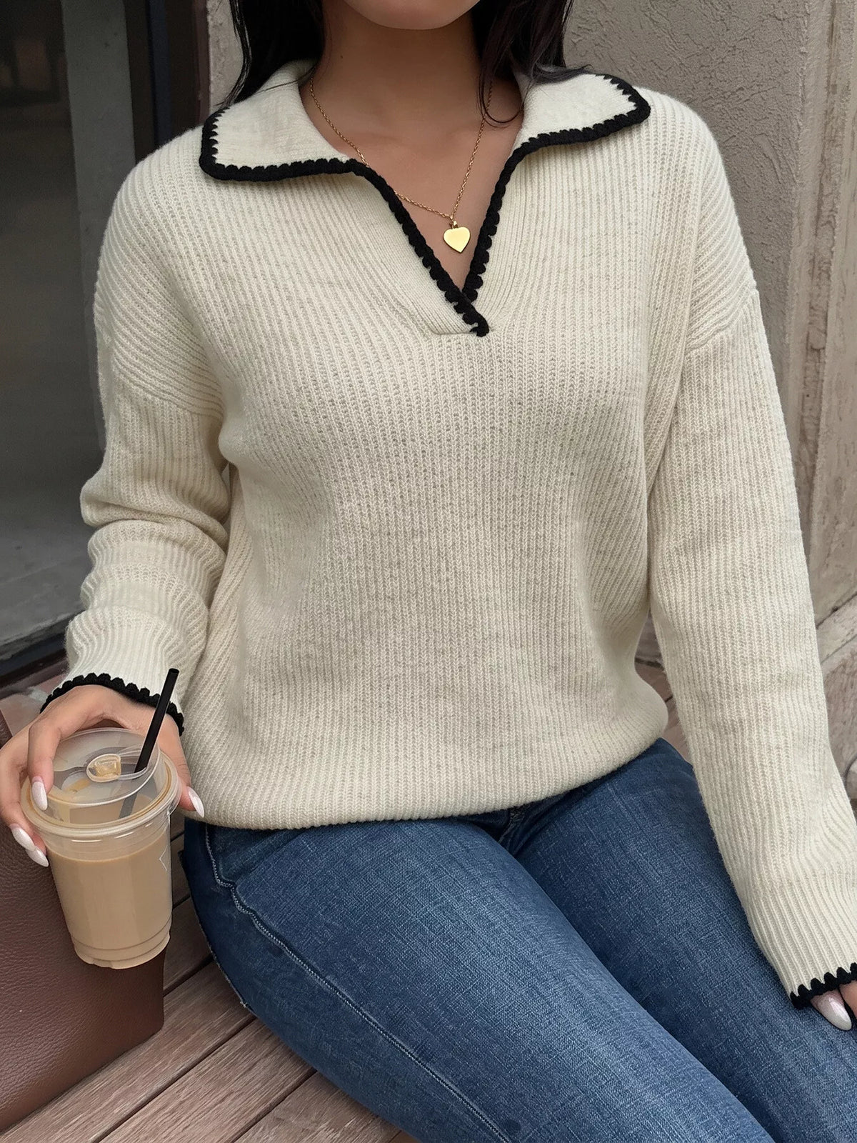 Contrast Trim Dropped Shoulder Sweater