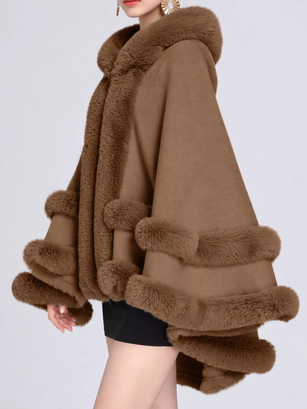 Faux Fur Trimmed Hooded Cape