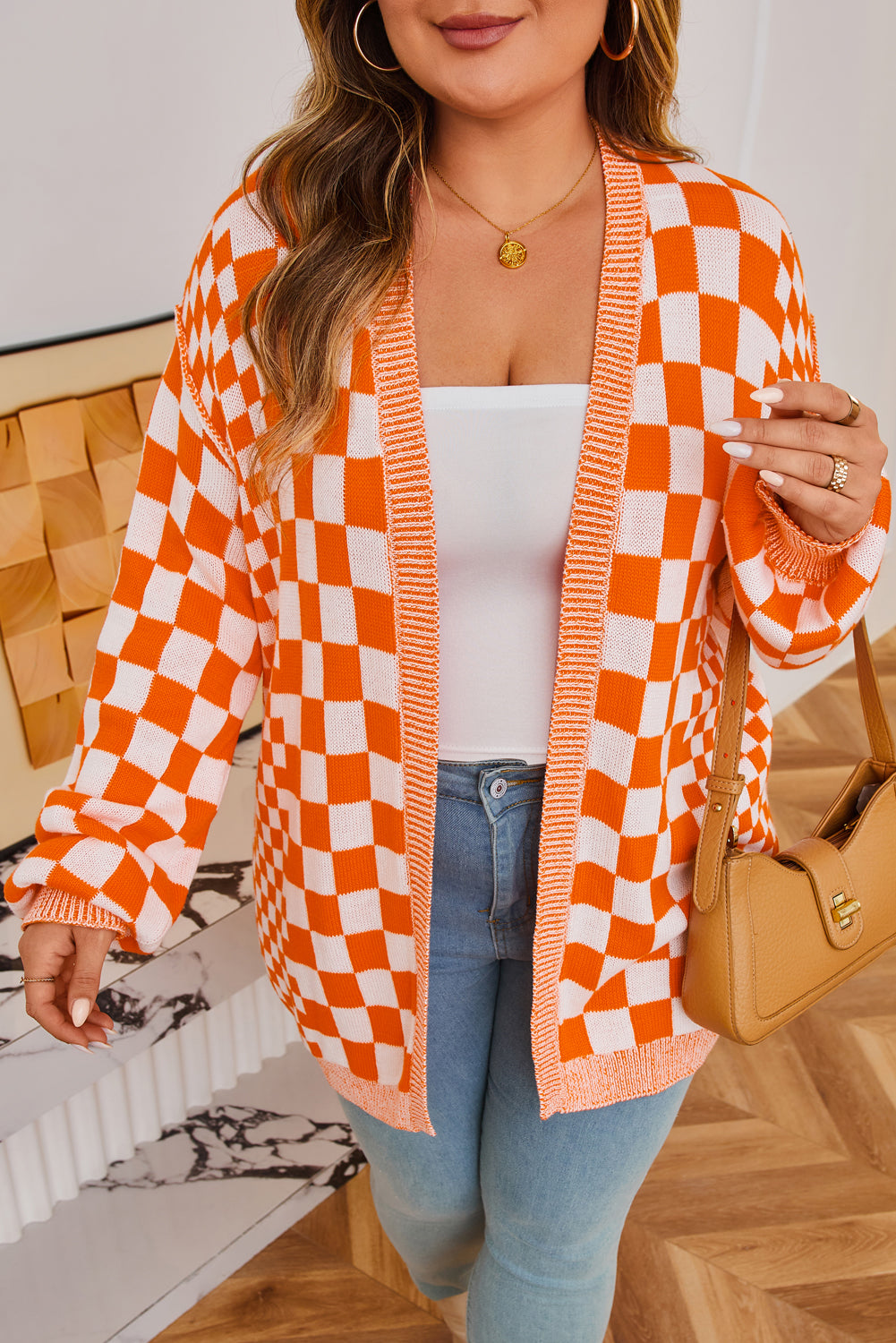 Plus Size Checker Drop Shoulder Open Front Cardigan