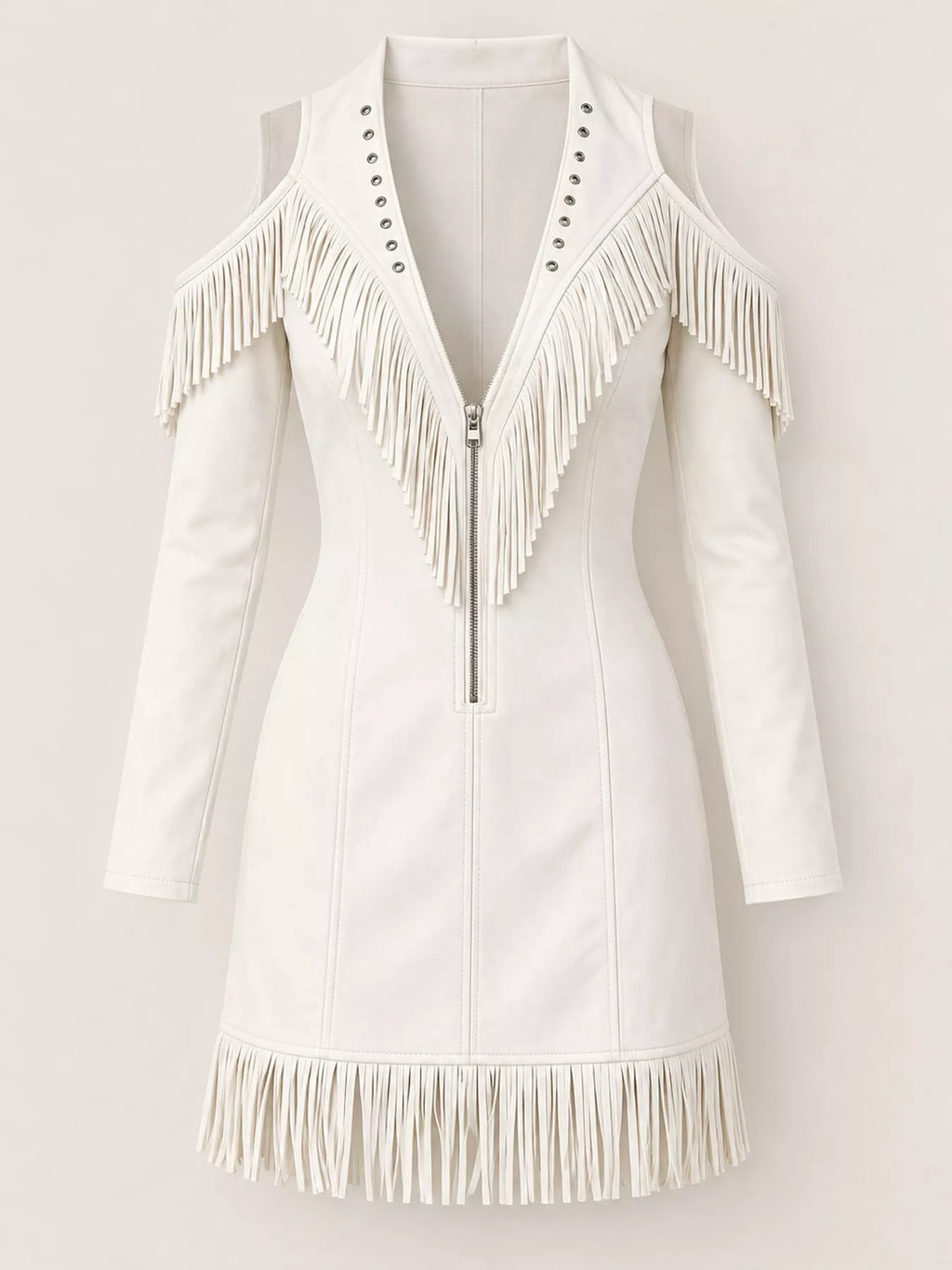 Full Size Fringed Cold-Shoulder Zip-Front Mini Dress Plus Size