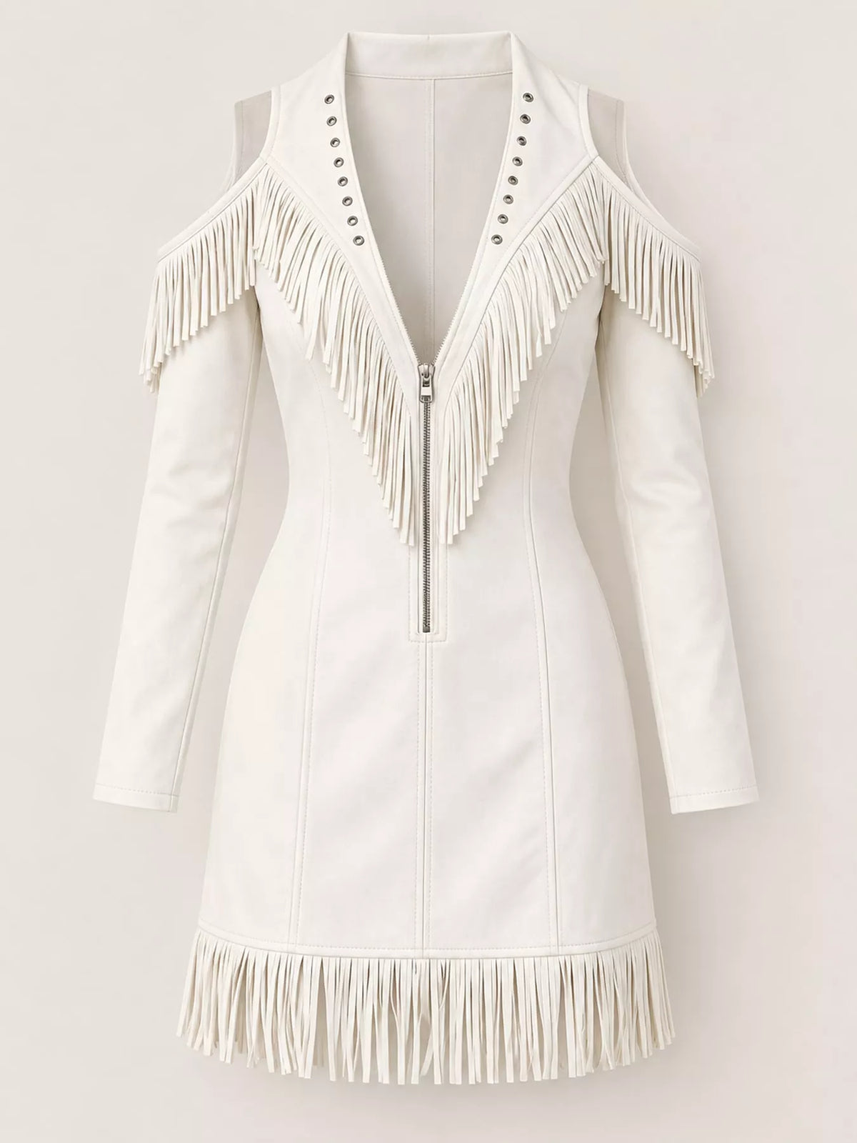 Full Size Fringed Cold-Shoulder Zip-Front Mini Dress Plus Size