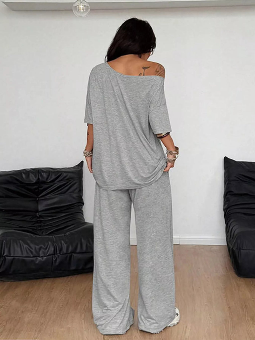 Full Size One-Shoulder Top and Drawstring Pants Set Plus Size