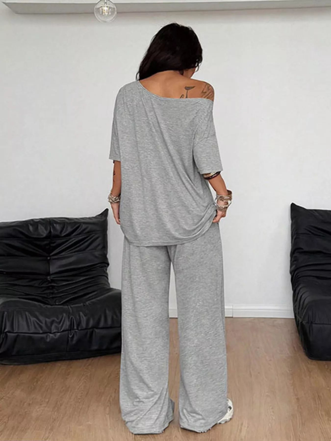 Full Size One-Shoulder Top and Drawstring Pants Set Plus Size