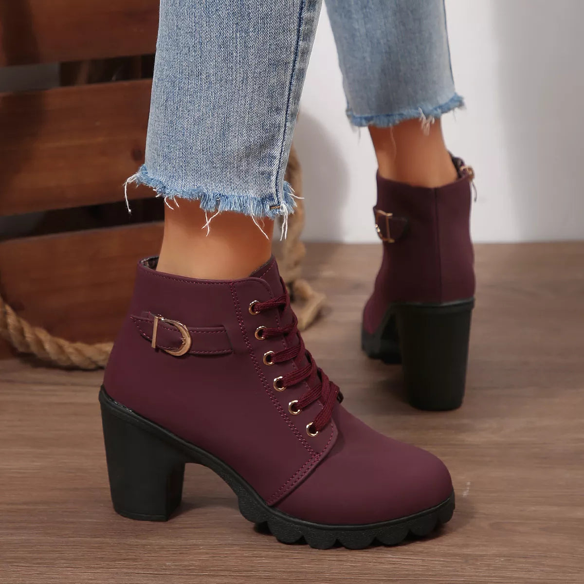 Lace Up Block Heels Boots