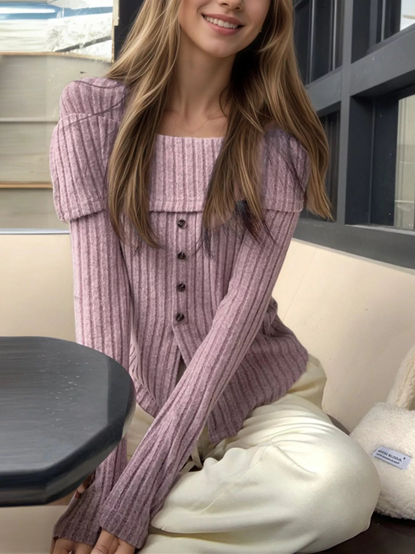 Ribbed Square Neck Long Sleeve Top