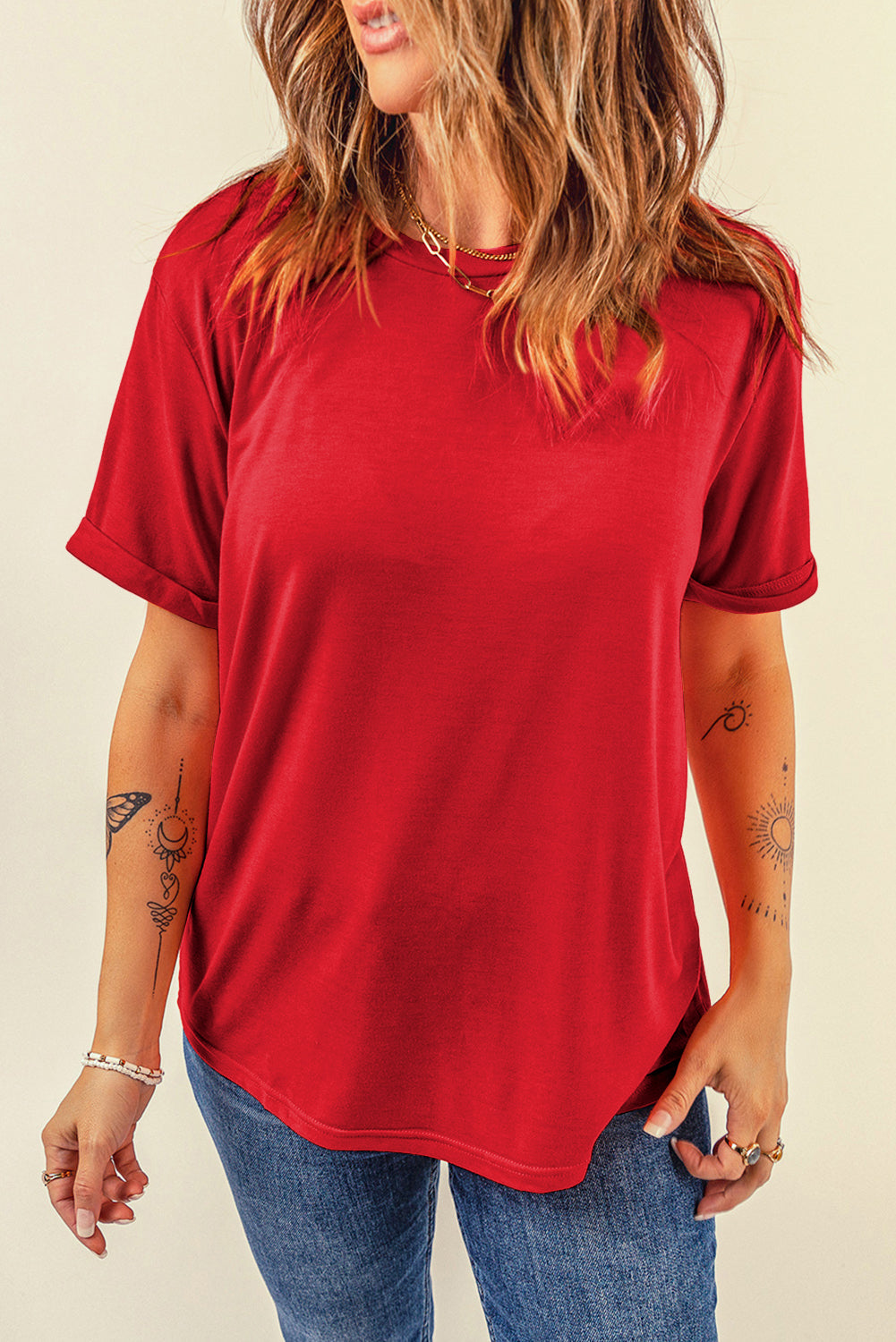Dearlove Red Casual Plain Crew Neck Tee