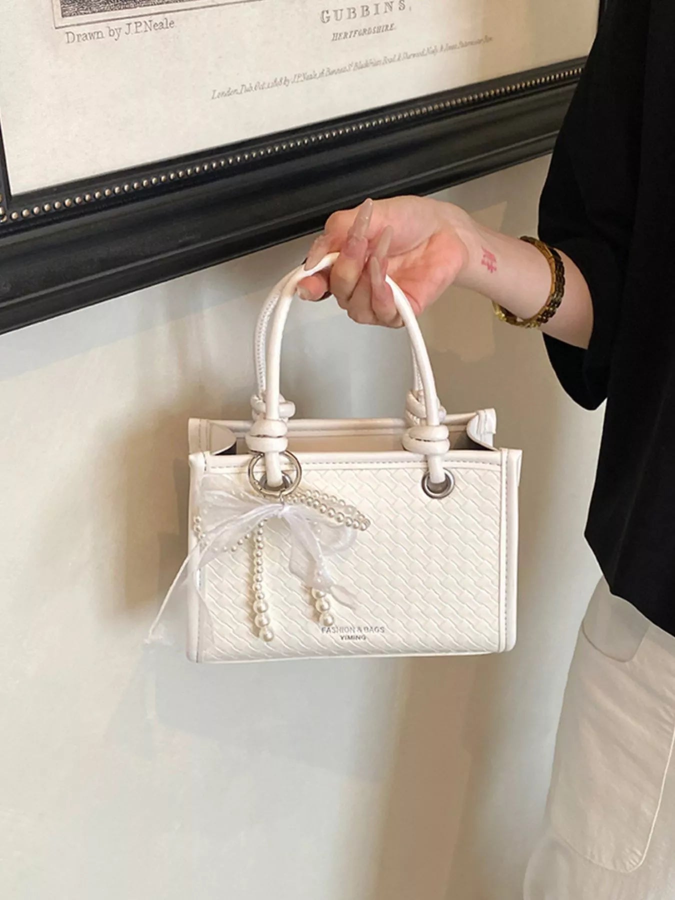 Elegant Bow Pearl Embellished Crossbody Bag