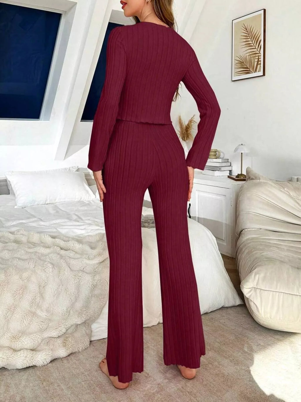 Bow Detail Ribbed Knit Top and Pants Lounge Set