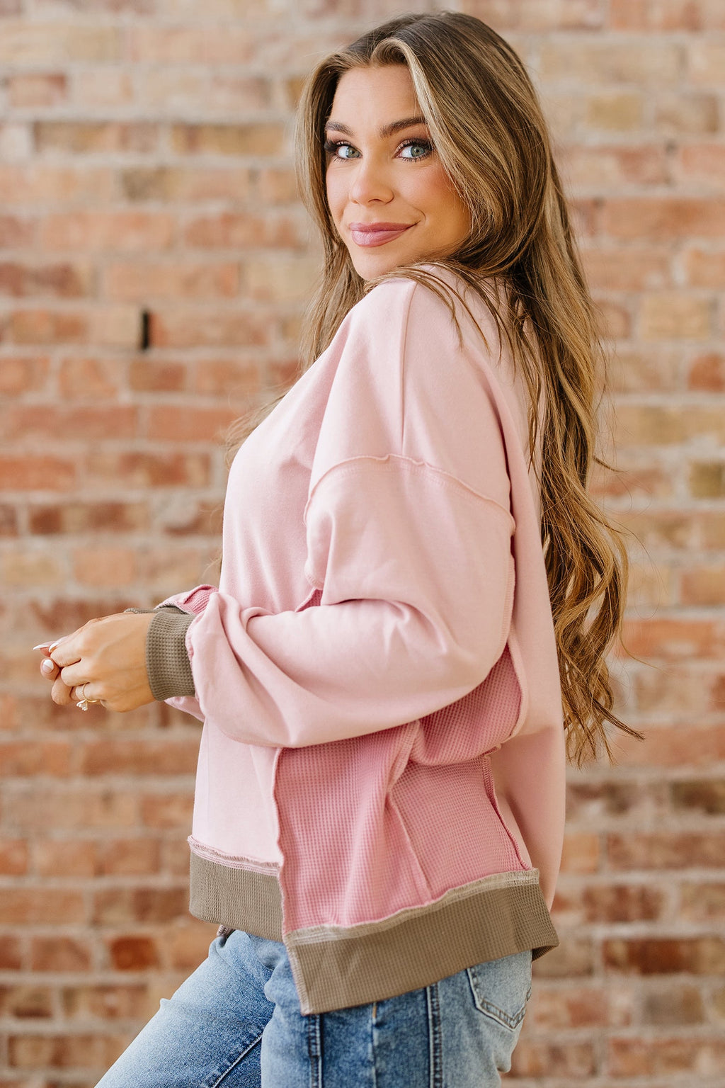 Light Pink Color Block Mix Texture Waffle Patchwork Oversize Sweatshirt