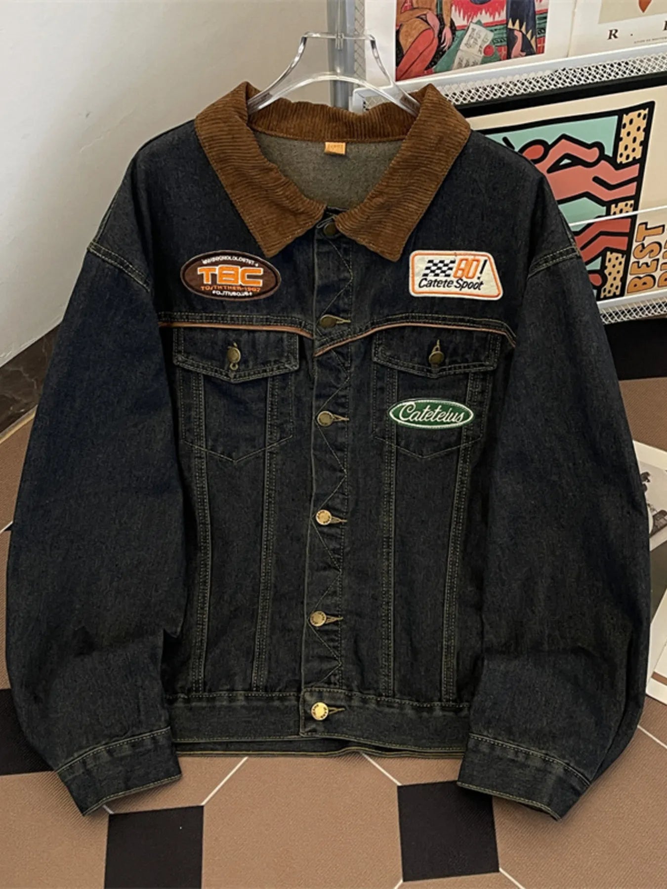 Men's Plus Size Corduroy Collar Button Up Denim Jacket