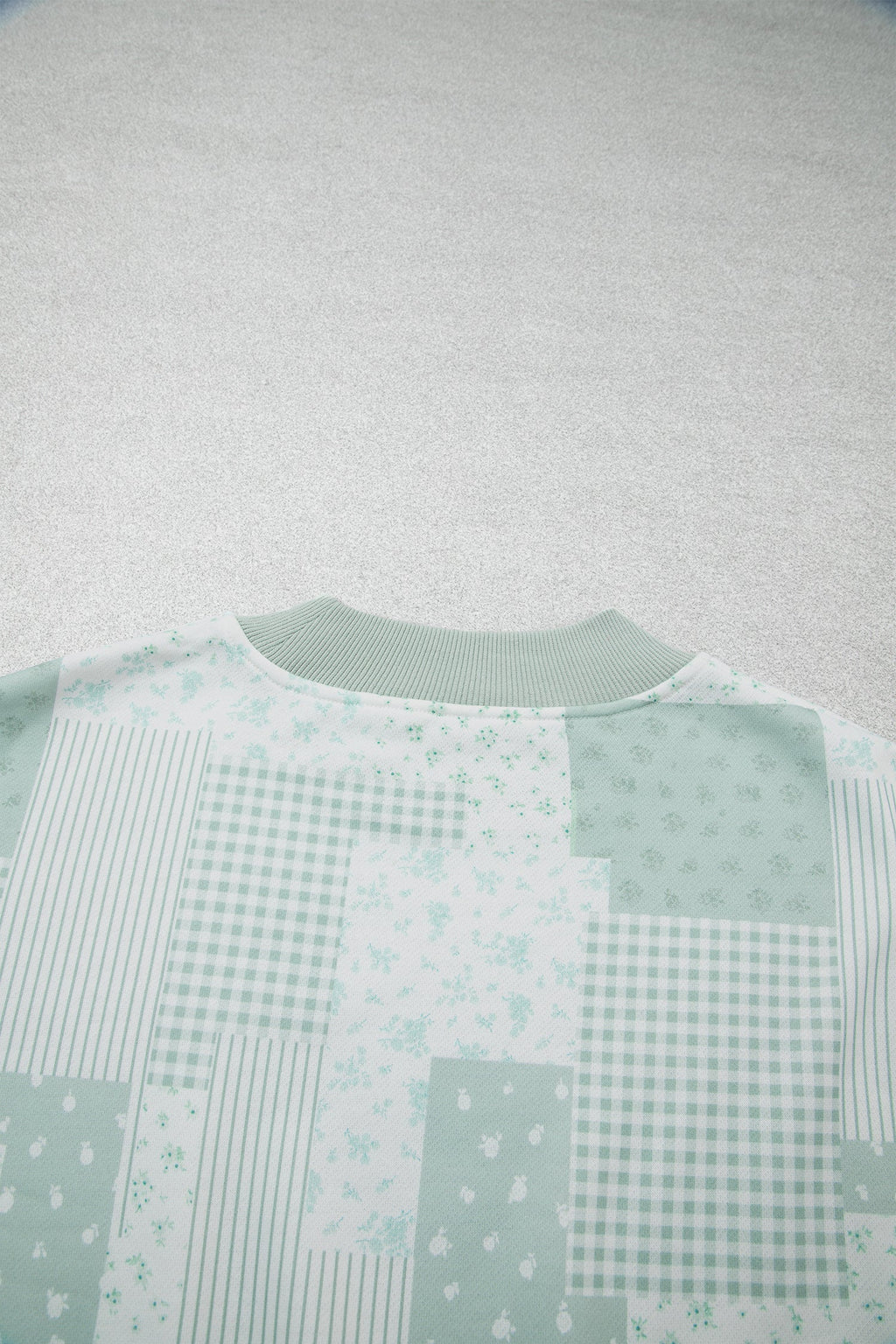 Light Pink Patchwork Floral Print Drop Shoulder Baggy Pullover Drawstring Shorts Set