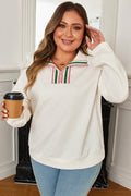 Beige Plus Size Rhombus Texture Contrast Striped Collar Baggy Sweatshirt