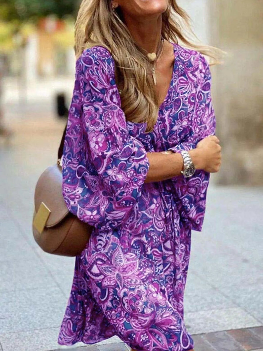 Full Size Paisley Print Long Sleeve Mini Dress Plus Size
