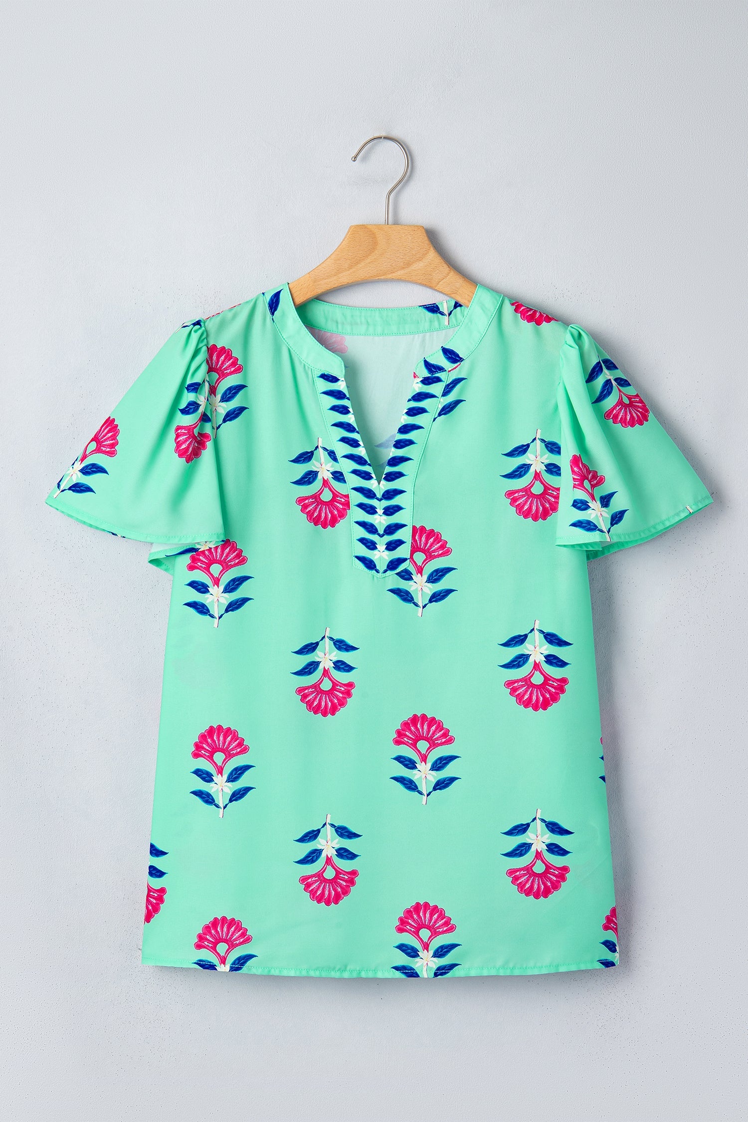 Green Floral V Neck Flutter Sleeve Blouse