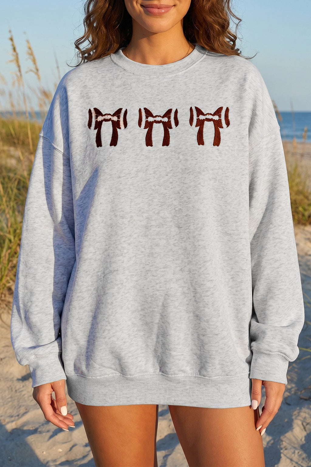 Gray Chenille Embroidered Rugby Bow Game Day Oversized Sweatshirt