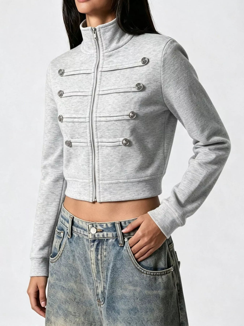 Cropped Zip-Up Outerwear with Decorative Buttons