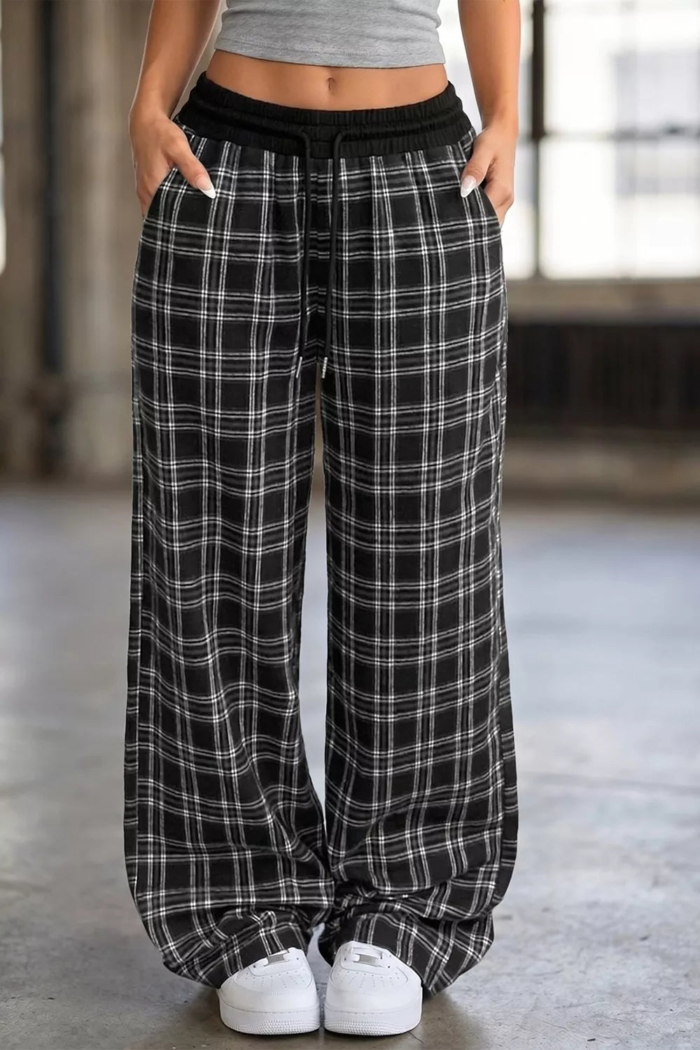 Plaid Wide-Leg Drawstring Pants