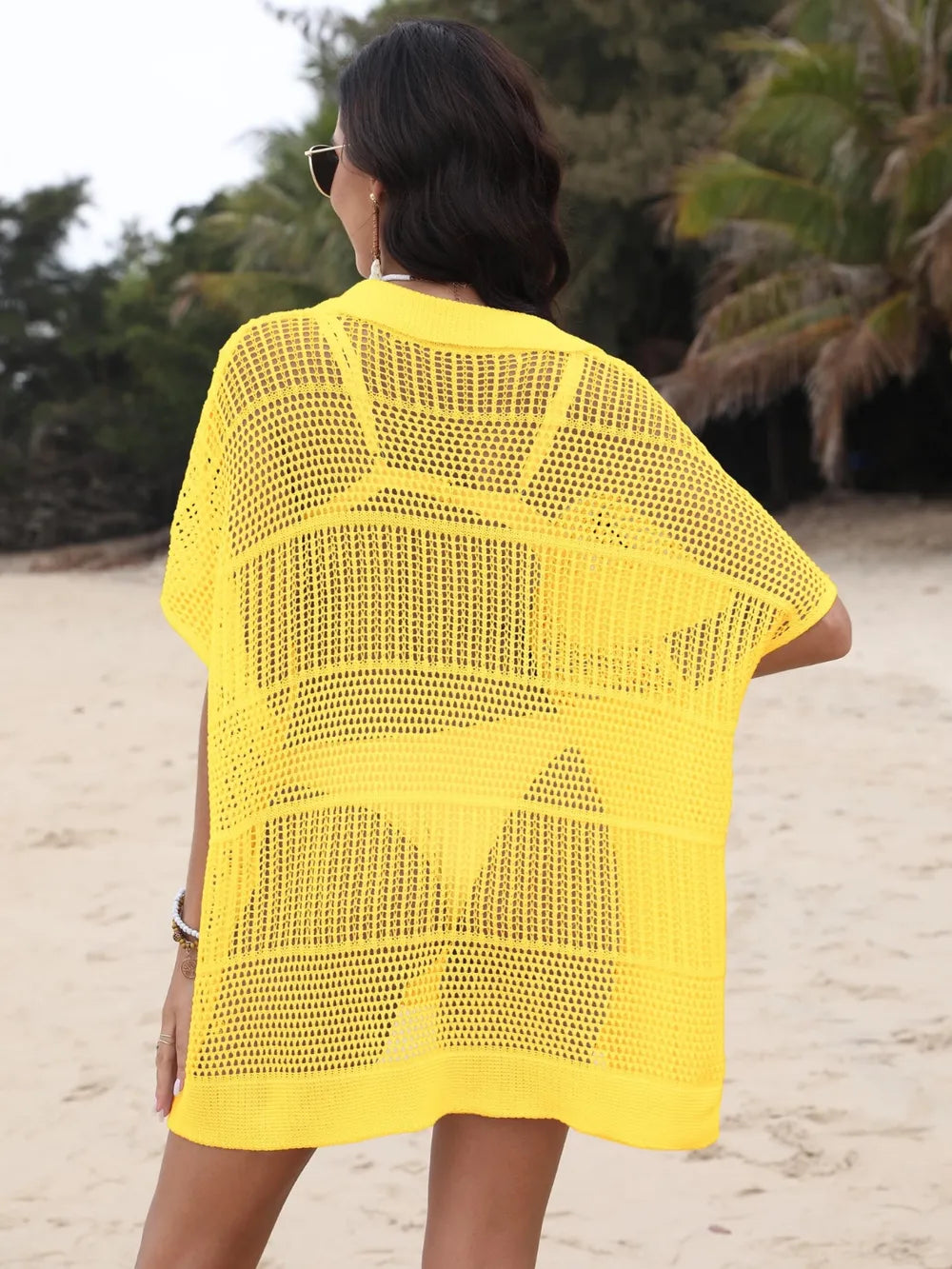 Hollow Out Collared Neck Openwork Sheer Cover-Up