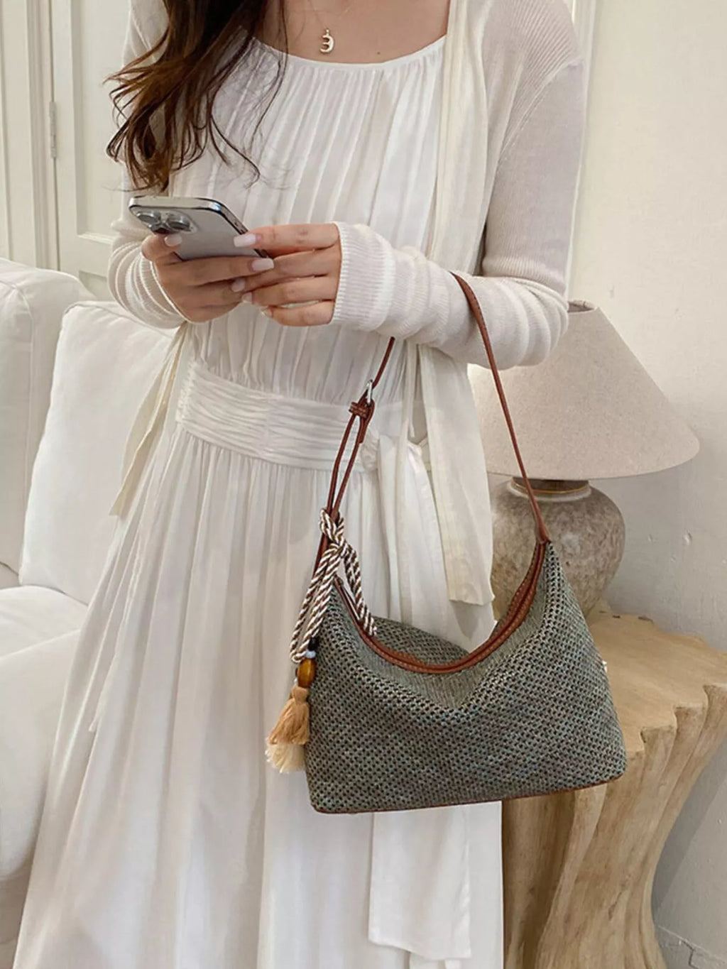 Woven Shoulder Bag with Tassel