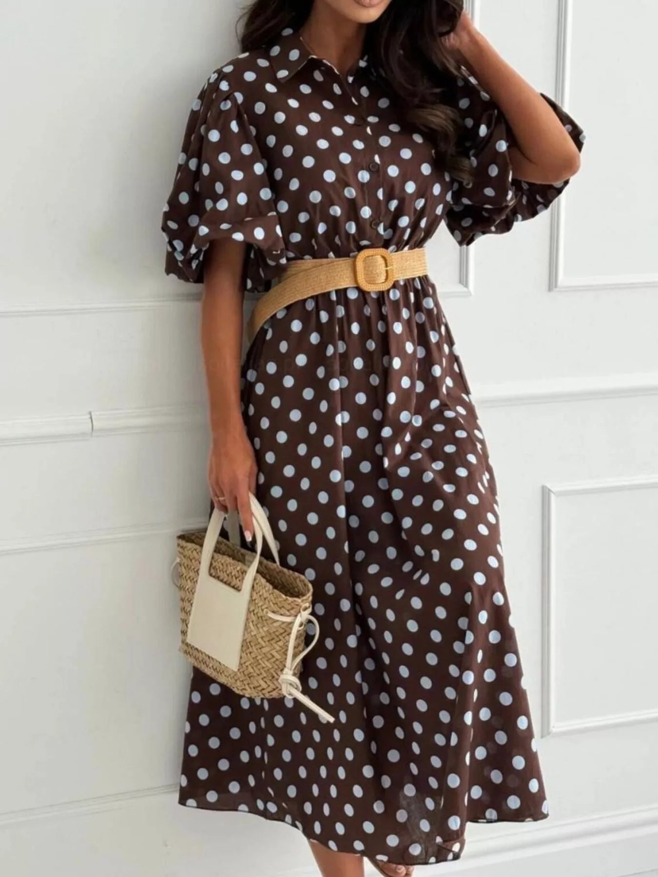 Polka Dot Puff Sleeve Midi Dress