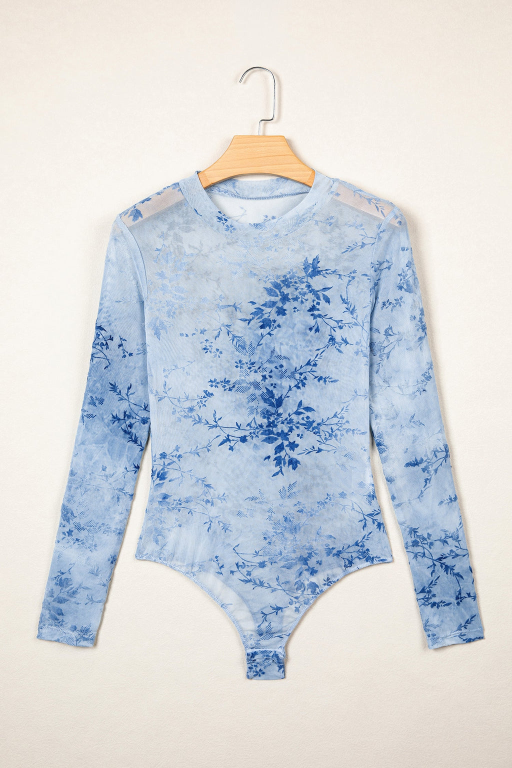 Sky Blue Sheer Mesh Floral Printed Mock Neck Long Sleeve Bodysuit
