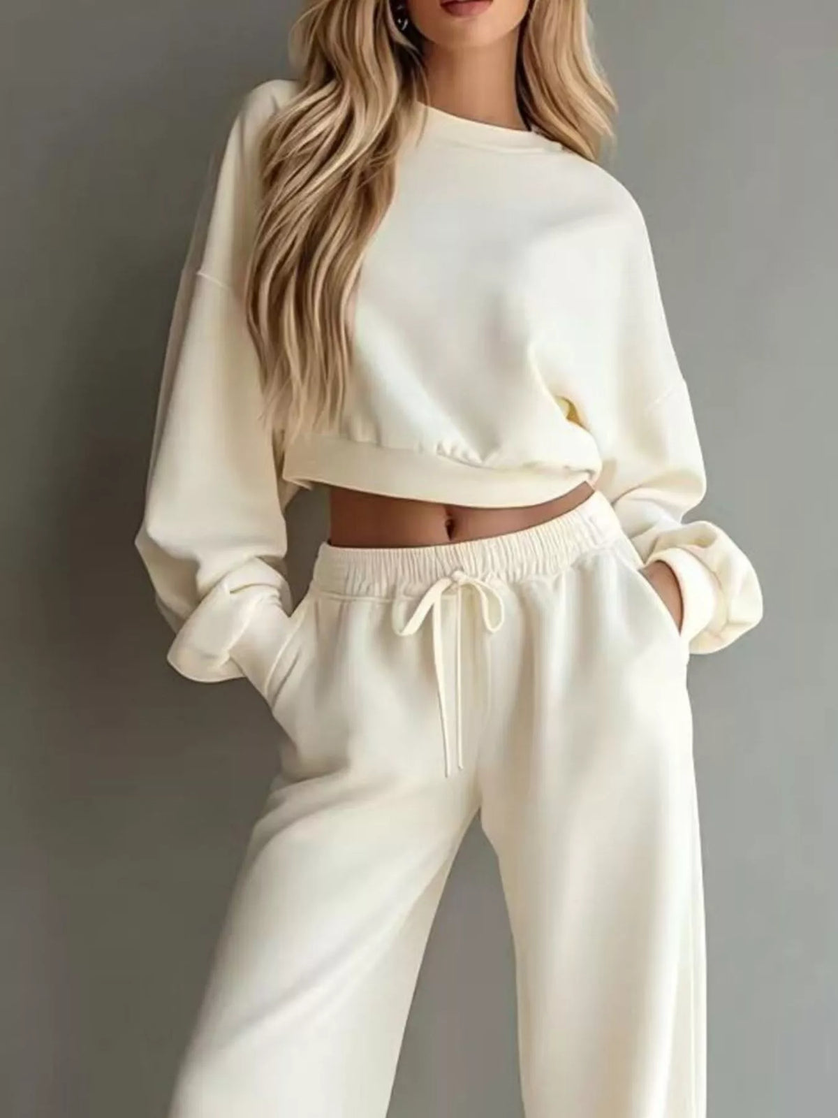 Round Neck Cropped Sweatshirt and Wide-Leg Pants