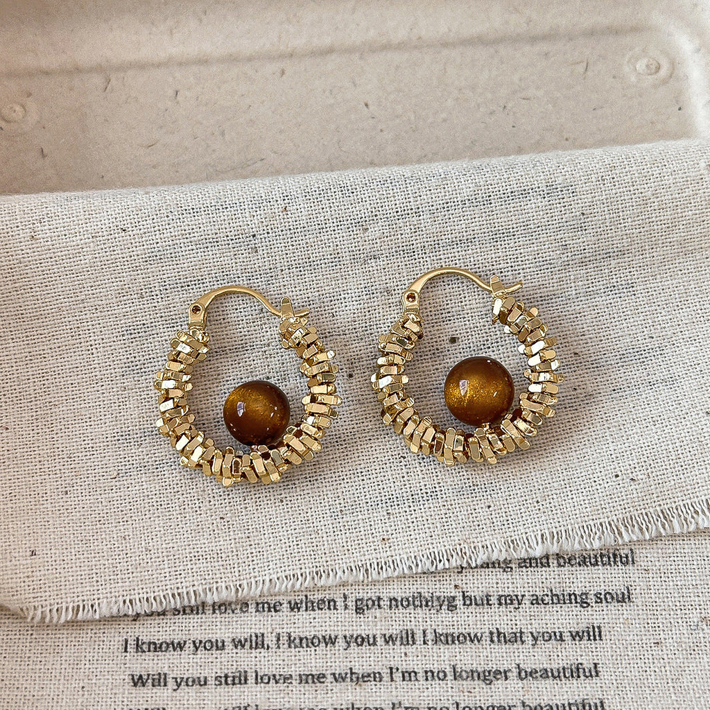 Copper-plated Real-gold Tiny Silver Cat-eye Stone Hoop Earrings Ear Rings And Ear Accessories
