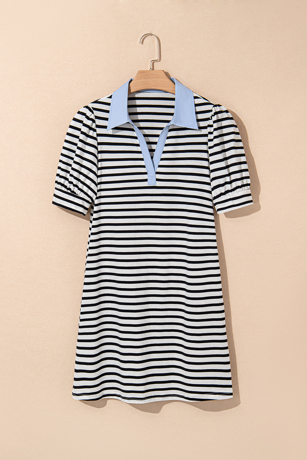Stripe Patchwork V-Neck Collared Mini Dress