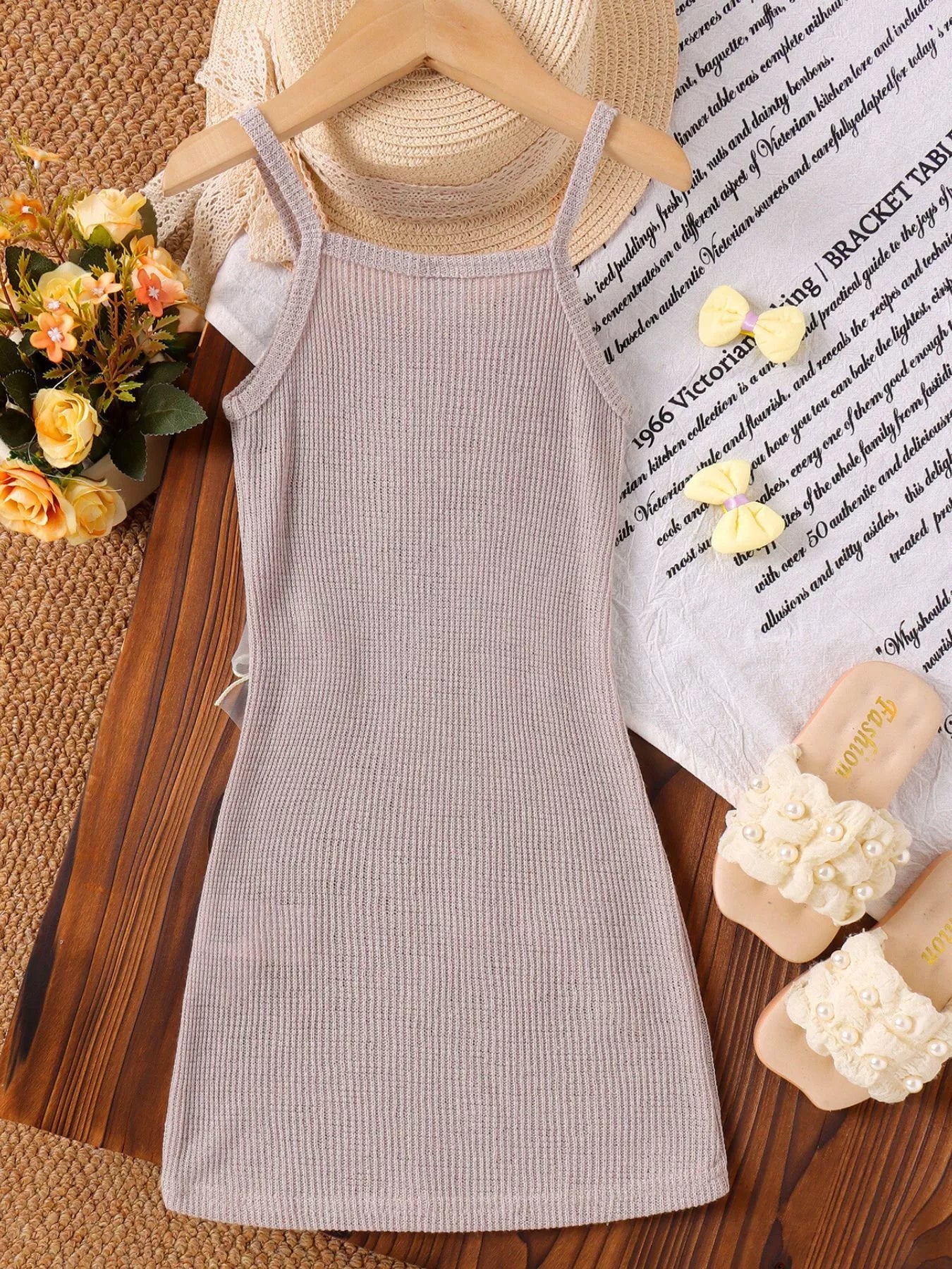 Children's Ribbed Knit Spaghetti Strap Dress with Bow