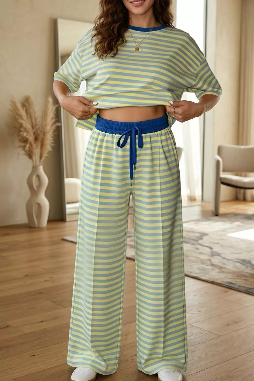 Stripe Colorblock Trim Crew Neck Loose Tee Drawstring Elastic Waist 2pcs Pant Set