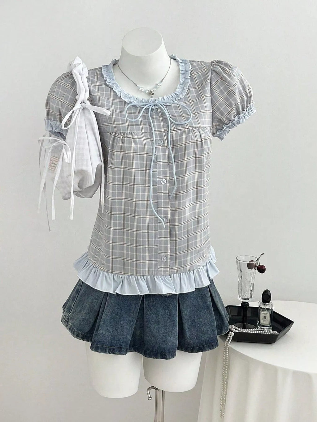 Plaid Ruffle Trim Puff Sleeve Blouse