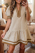 Brown Stripe Shirt Collar Color Block Patchwork Trim Ruffle Hem Short Dress