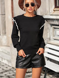 Round Neck Ruffle Trim Long Sleeve Pullover Sweater